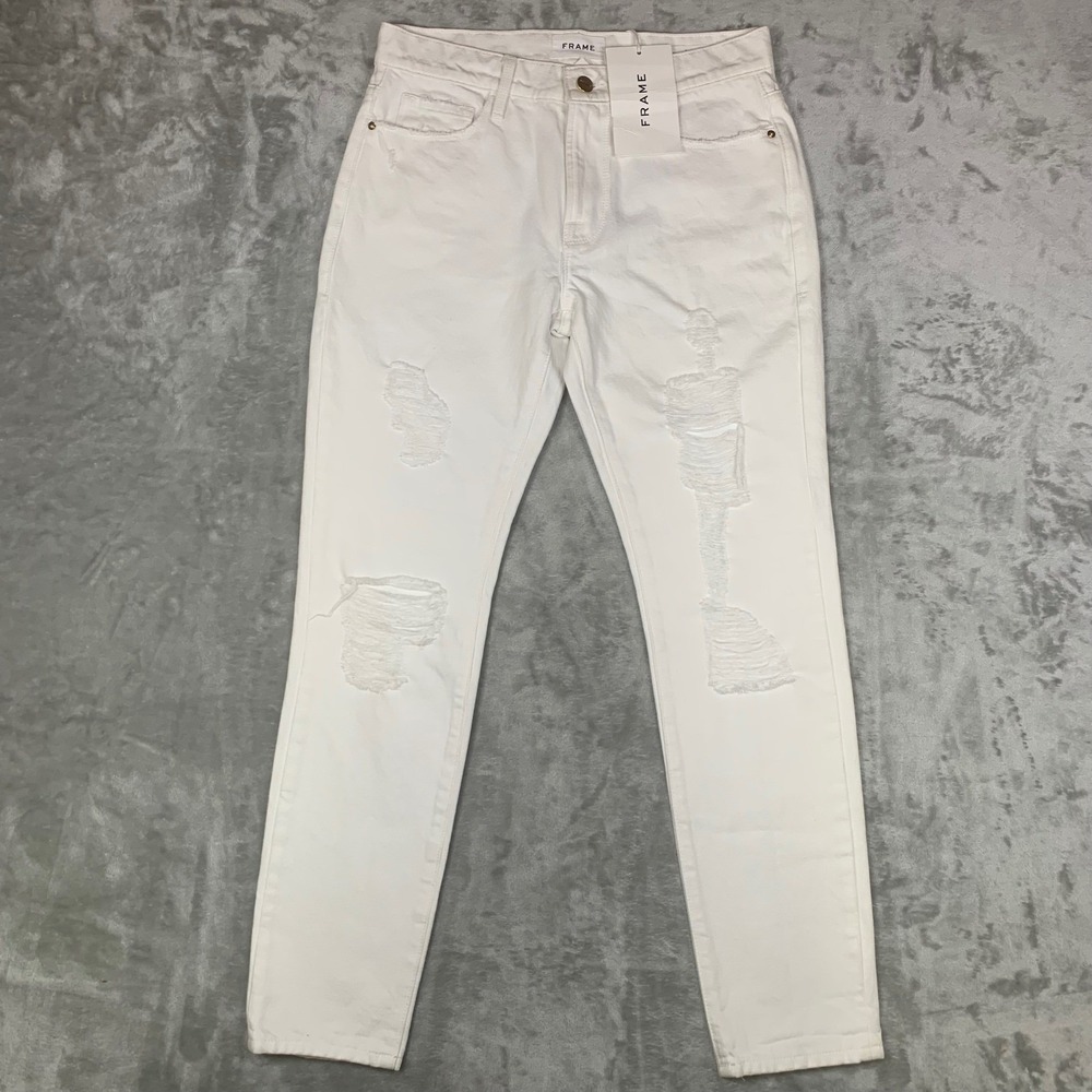FRAME Denim Le Garcon Distressed Boyfriend Jeans 24 White Rumpled Blanc Rips